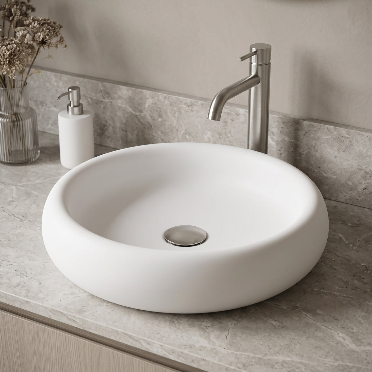 Elan Modern White Matte Stone™ 17 in. Round Vessel Bathroom Sink