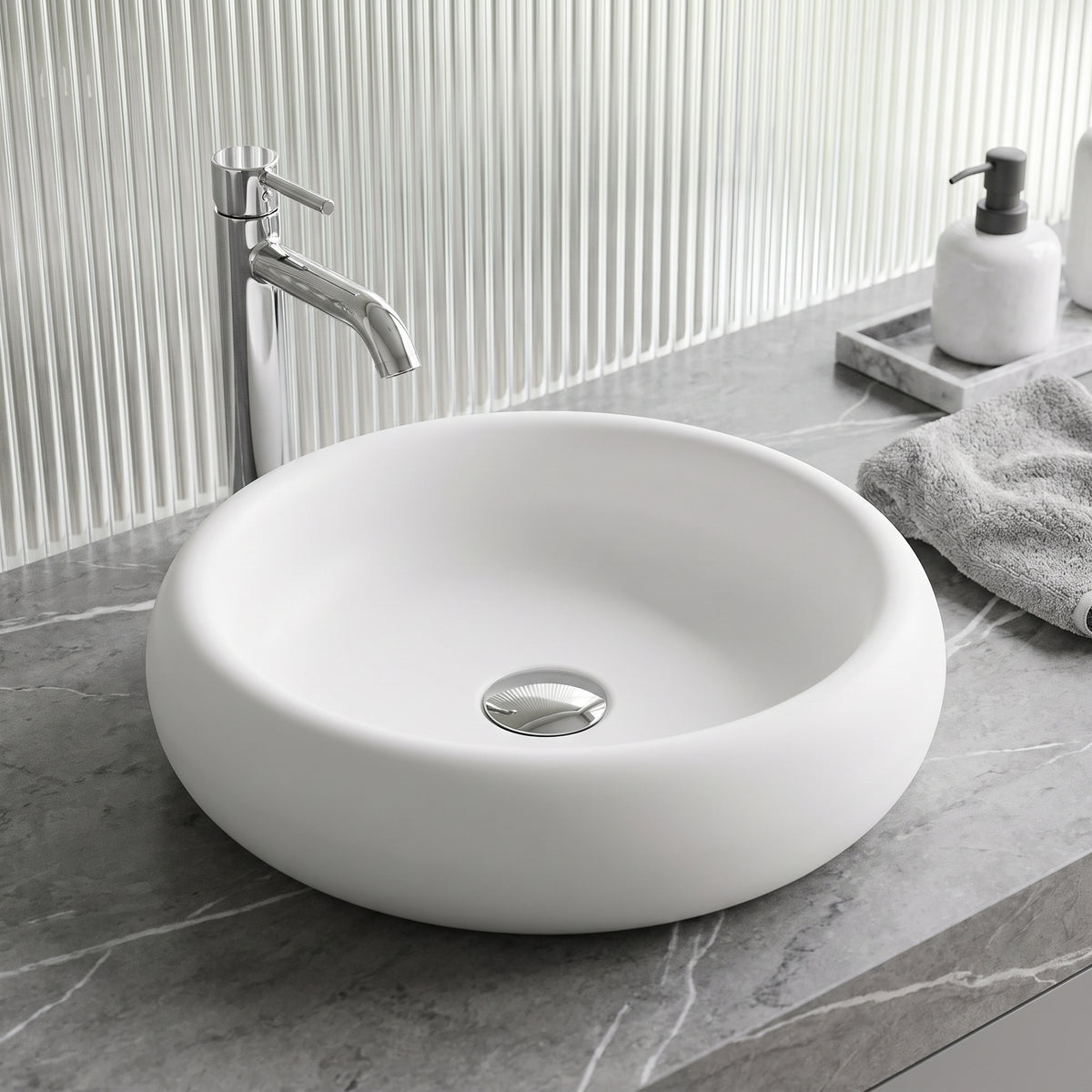 Elan Modern White Matte Stone™ 17 in. Round Vessel Bathroom Sink