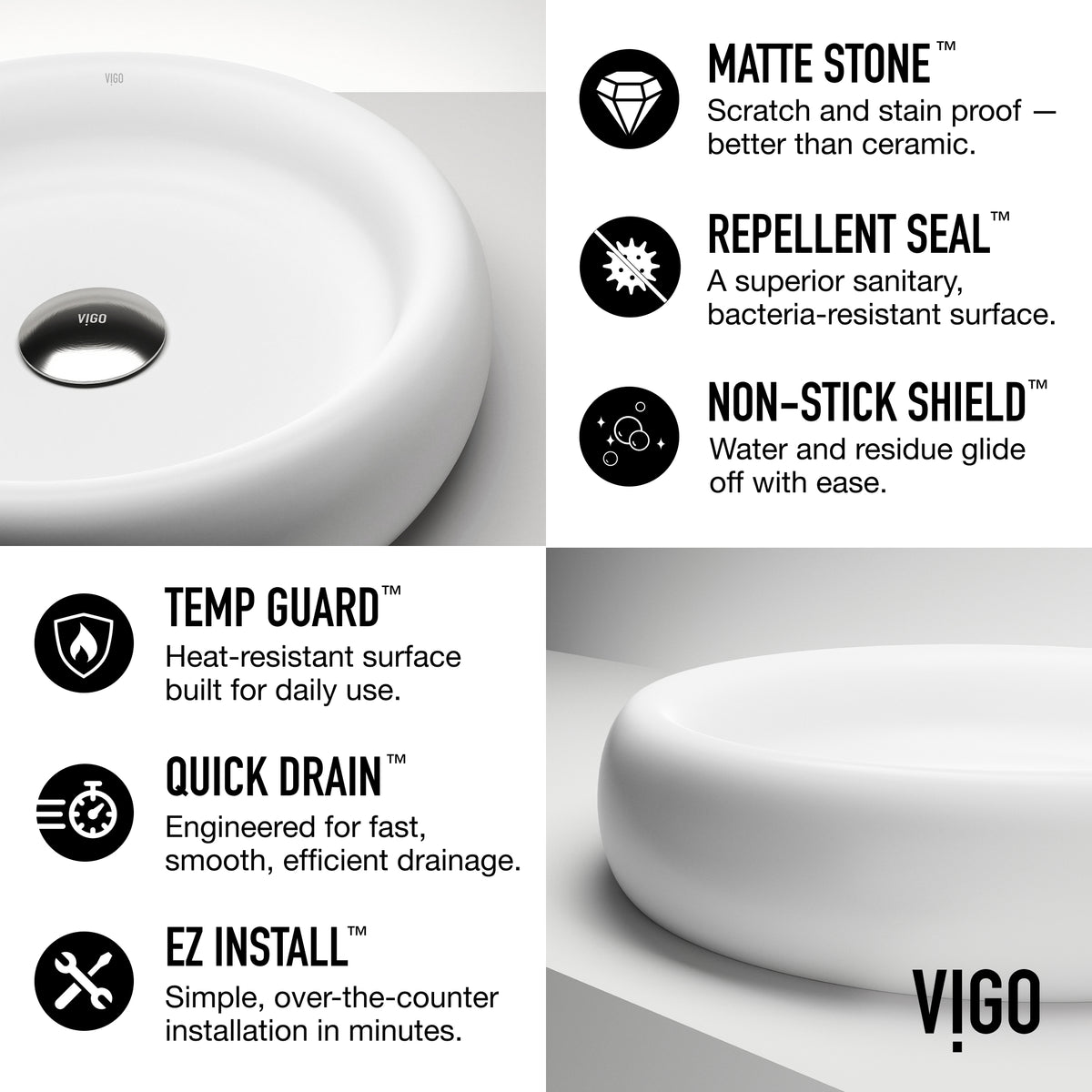 Elan Modern White Matte Stone™ 17 in. Round Vessel Bathroom Sink