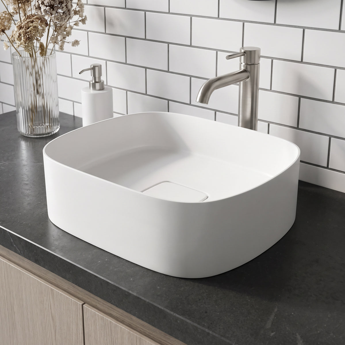 UltraThin™ Modern White Matte Stone™ 16 in. L x 14 in. W Rectangular Vessel Bathroom Sink