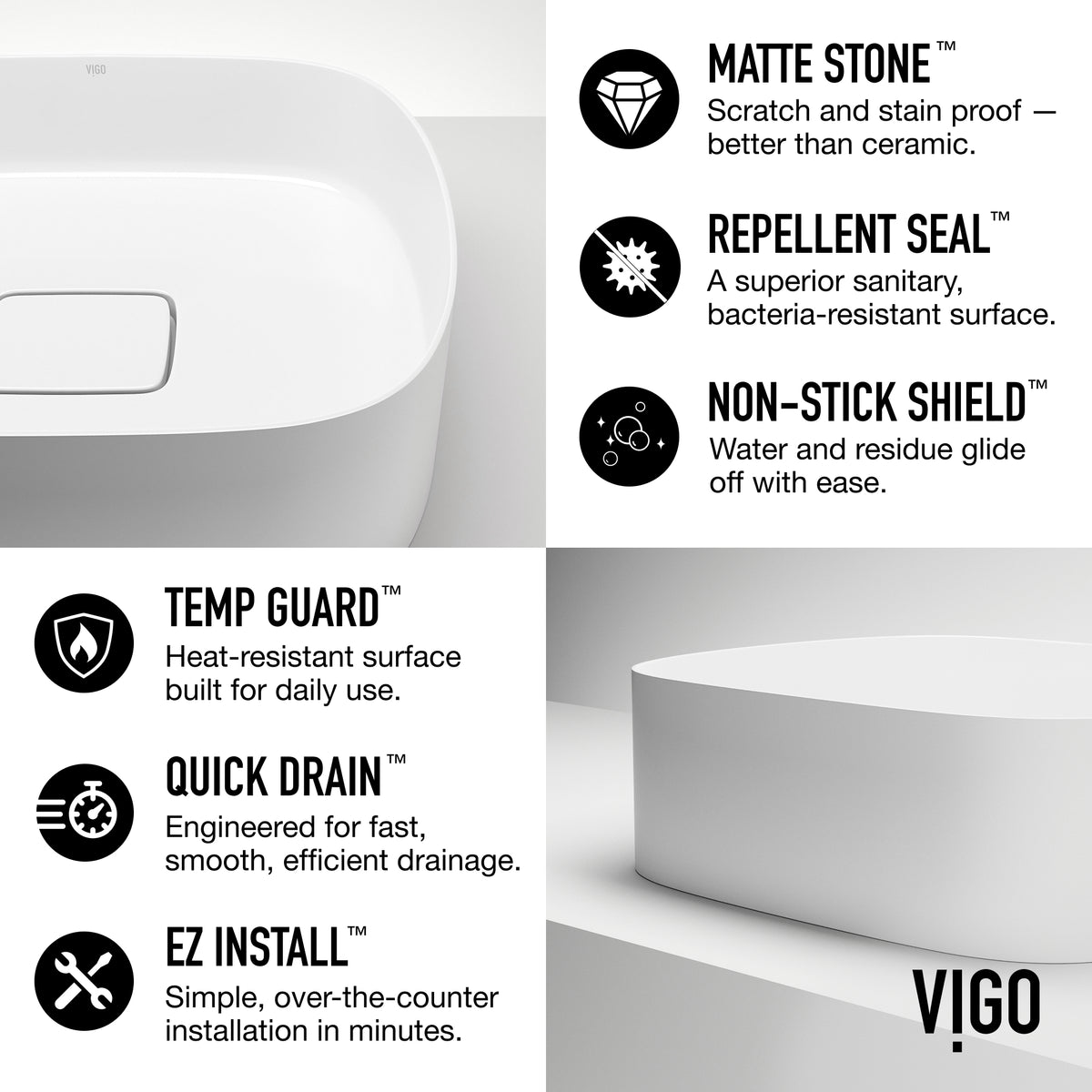 UltraThin™ Modern White Matte Stone™ 16 in. L x 14 in. W Rectangular Vessel Bathroom Sink
