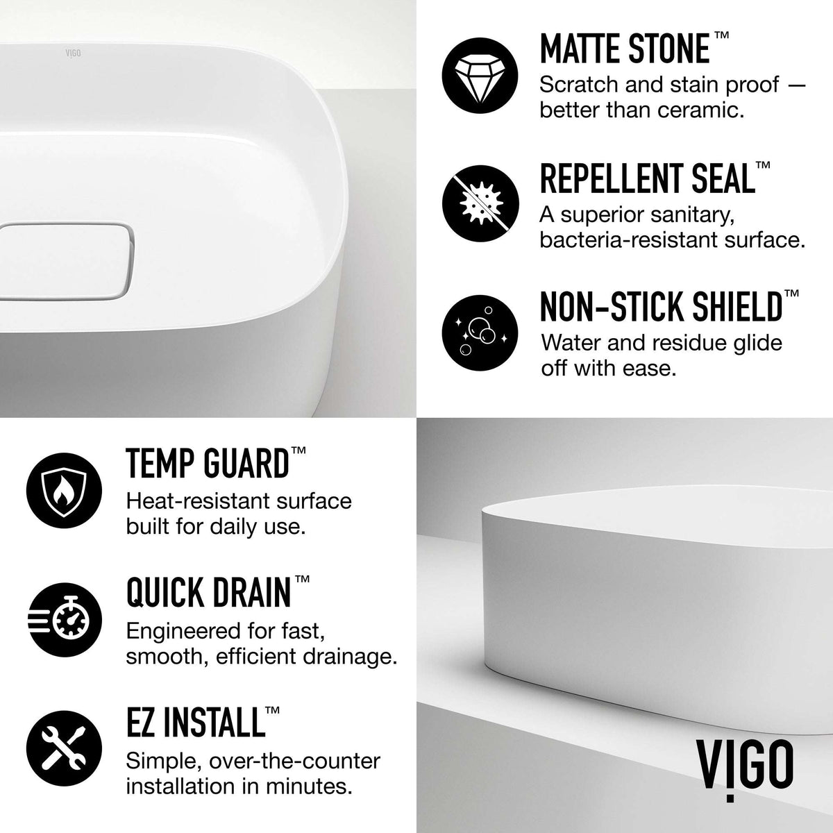 UltraThin™ Modern White Matte Stone™ 16 in. L x 14 in. W Rectangular Vessel Bathroom Sink