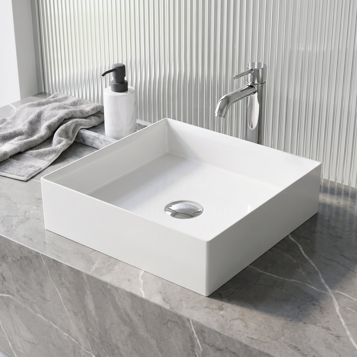 UltraThin™ Modern White Matte Stone™ 16 in. L x 16 in. W Square Vessel Bathroom Sink