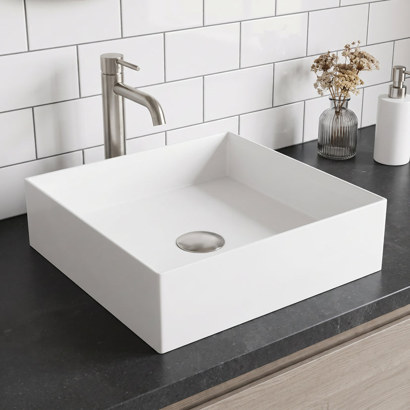 UltraThin™ Modern White Matte Stone™ 16 in. L x 16 in. W Square Vessel Bathroom Sink