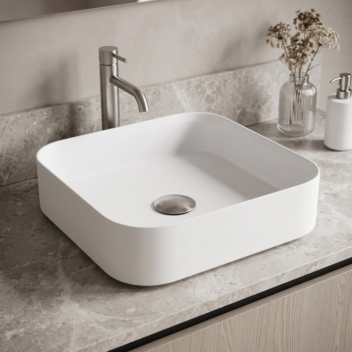 UltraThin™ Modern White Matte Stone™ 16 in. L x 16 in. W Square Vessel Bathroom Sink
