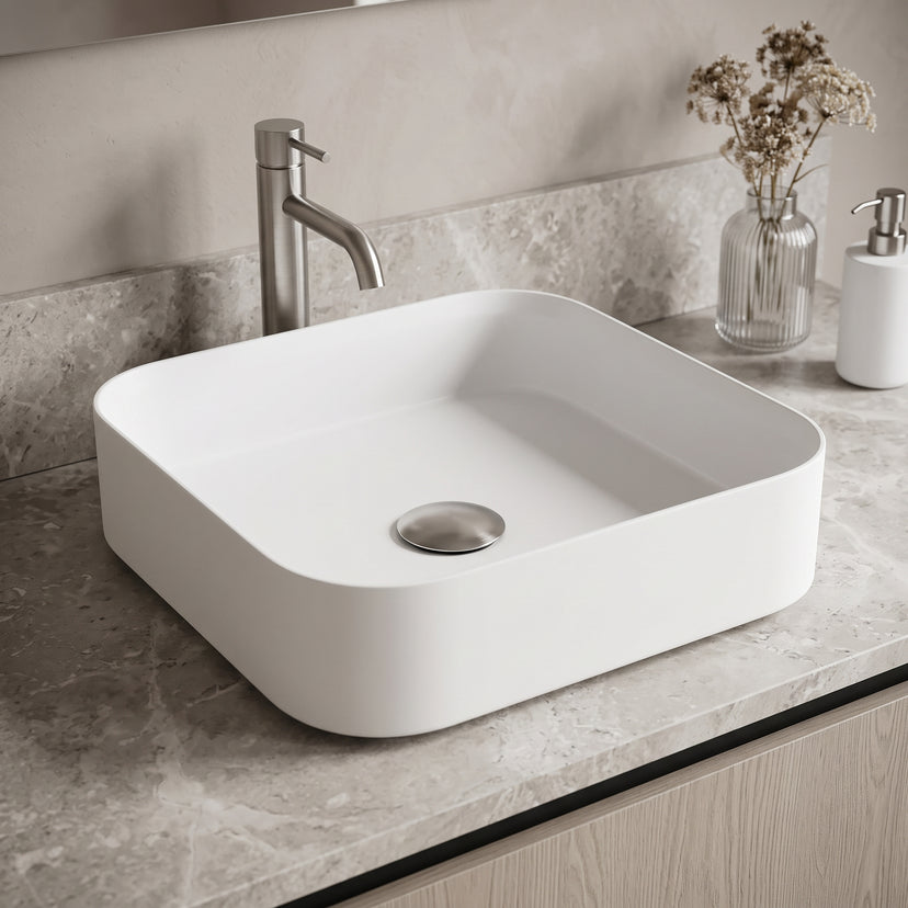 UltraThin™ Modern White Matte Stone™ 16 in. L x 16 in. W Square Vessel Bathroom Sink