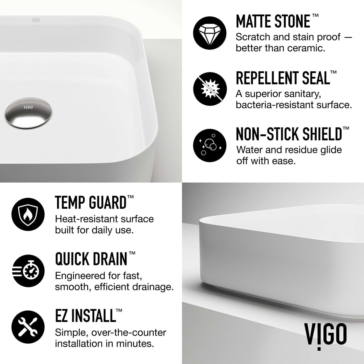 UltraThin™ Modern White Matte Stone™ 16 in. L x 16 in. W Square Vessel Bathroom Sink