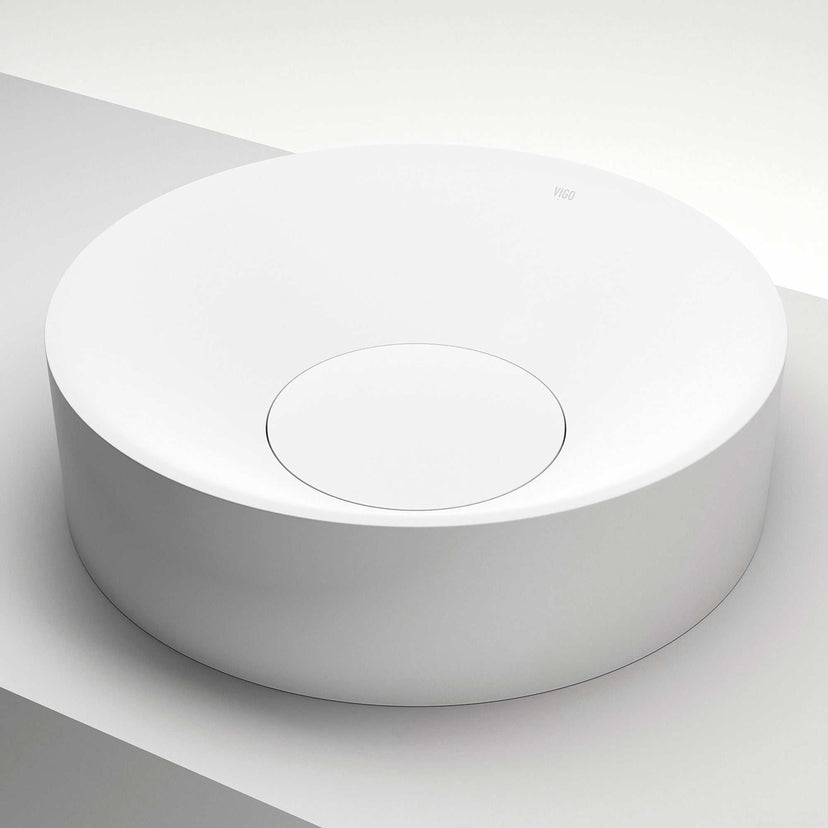 Elan Modern White Matte Stone™ 16-inch round vessel bathroom sink with smooth matte finish and a view from the top
