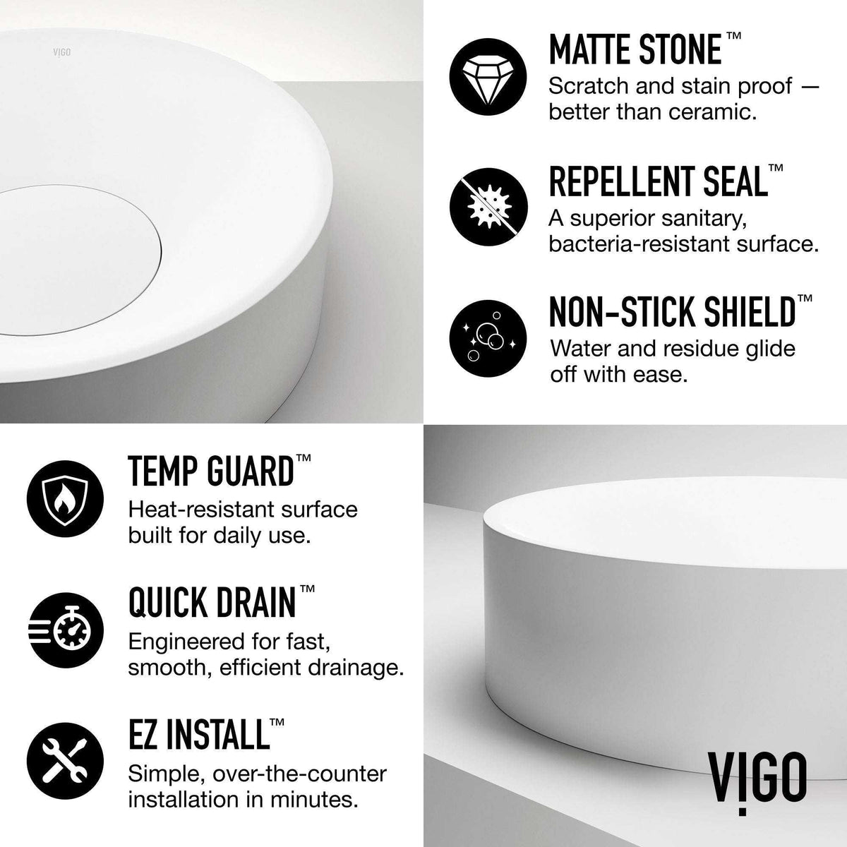 Elan Modern White Matte Stone™ 16 in. Round Vessel Bathroom Sink