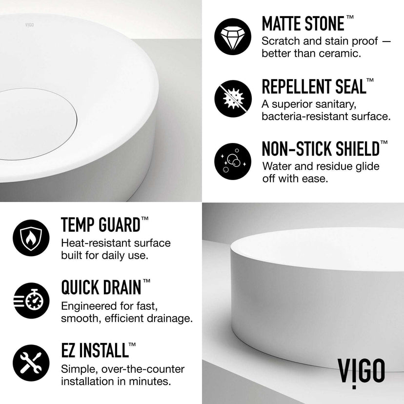 Elan Modern White Matte Stone™ 16 in. Round Vessel Bathroom Sink