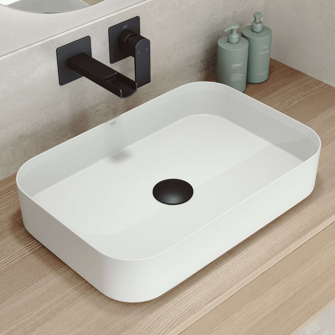 UltraThin™ Modern White Matte Stone™ rectangular vessel bathroom sink with minimalist design and durability