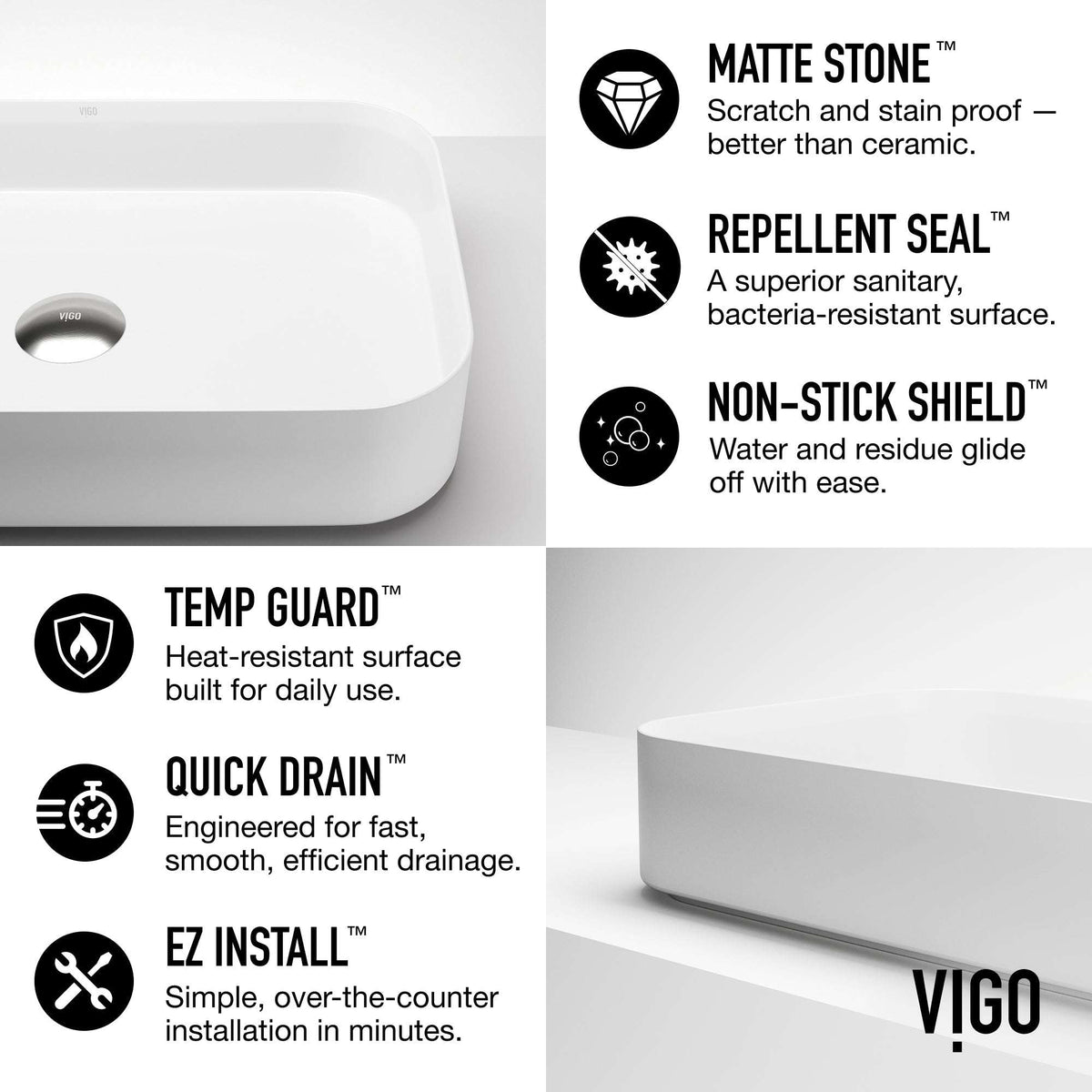 UltraThin™ Modern White Matte Stone™ 21x14 in. rectangular vessel bathroom sink with matte finish and ultra-thin profile