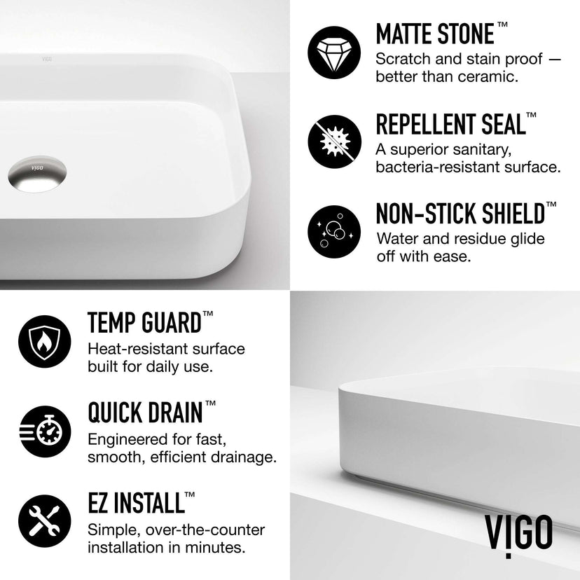 UltraThin™ Modern White Matte Stone™ 21x14 in. rectangular vessel bathroom sink with matte finish and ultra-thin profile