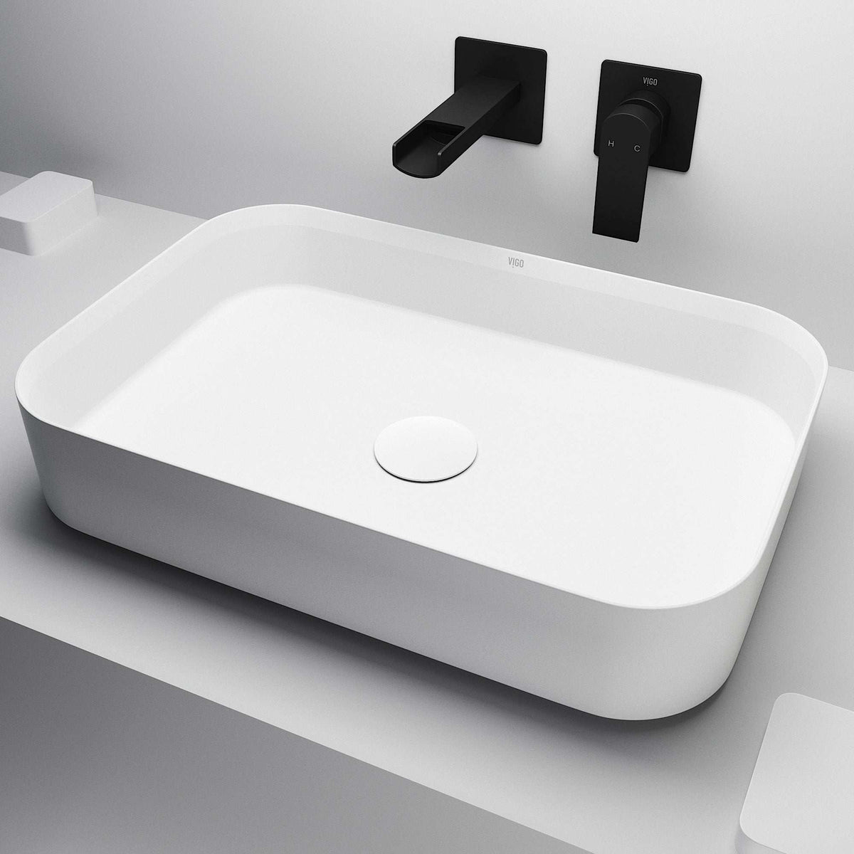 UltraThin™ Modern White Matte Stone™ rectangular vessel bathroom sink with sleek matte finish and compact design