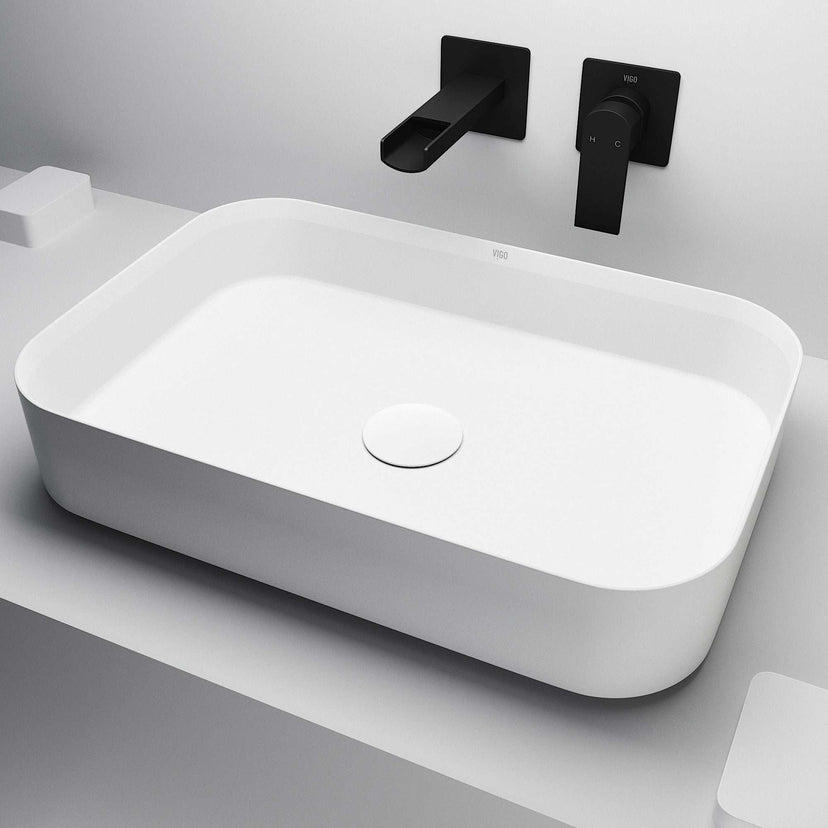 UltraThin™ Modern White Matte Stone™ rectangular vessel bathroom sink with sleek matte finish and compact design