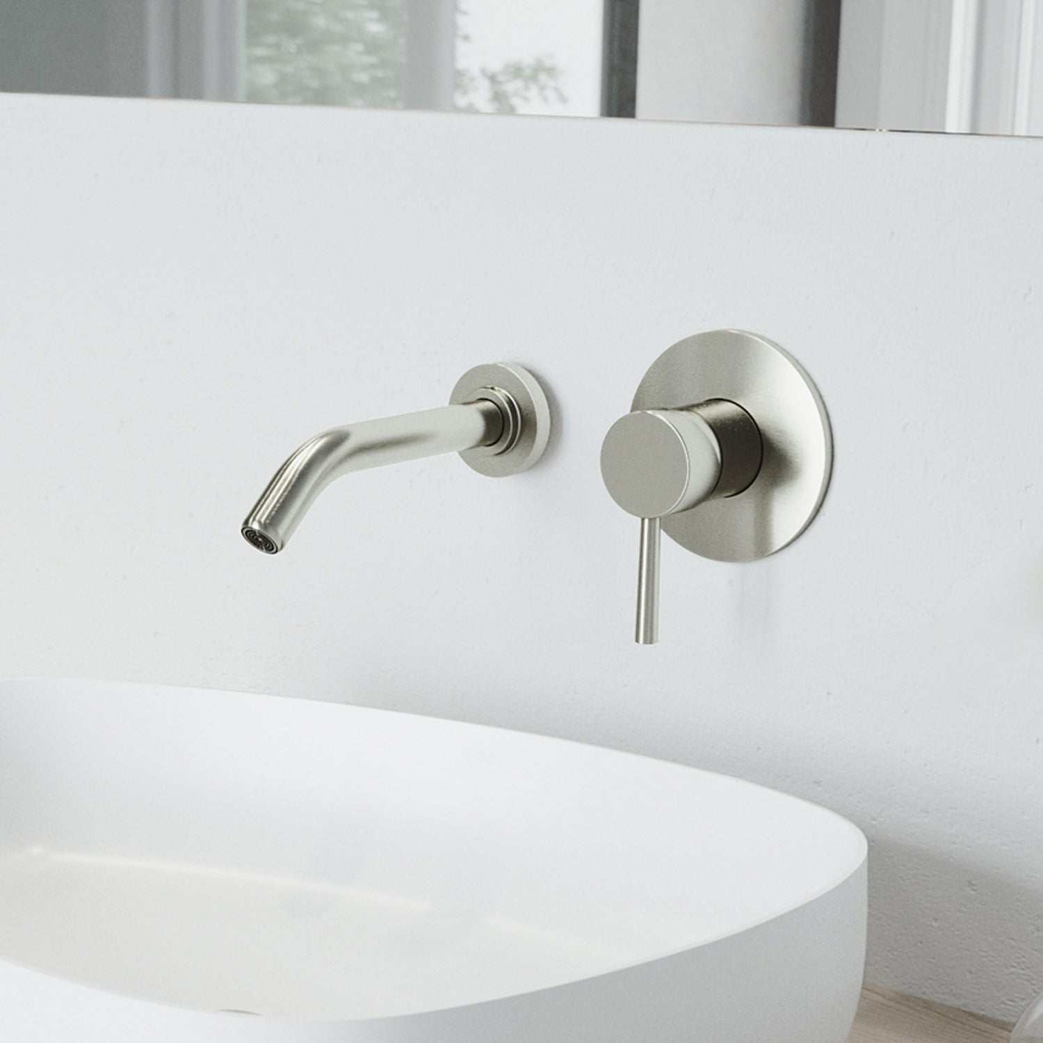 Brushed Nickel wall mount bathroom faucet with lever handle and low arc spout