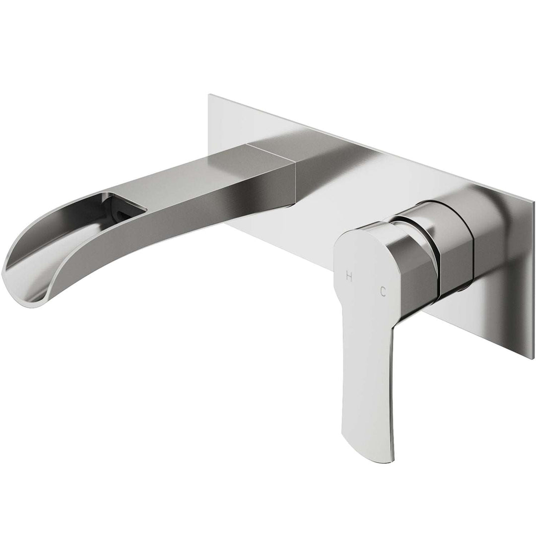 Matte black Paloma wall mount bathroom faucet with 7-inch waterfall spout and single lever handle