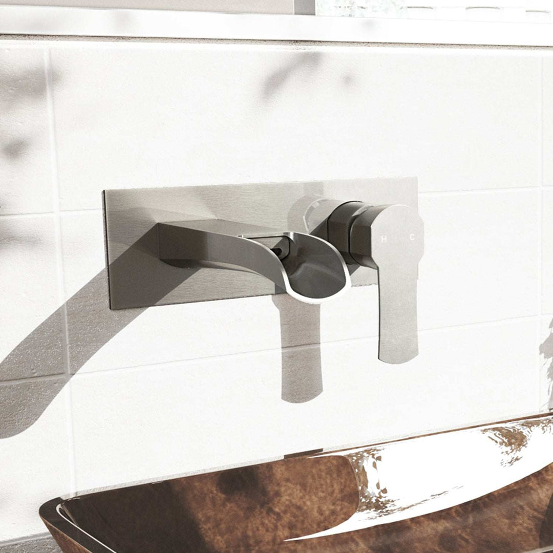 Brushed nickel wall mount bathroom faucet with ceramic disc valve and waterfall spout