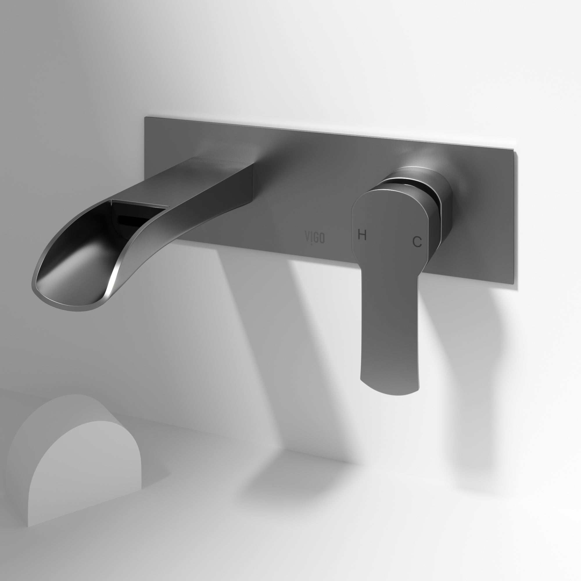 Wall-mounted bathroom faucet with lever handle, ceramic disc valve, and waterfall spout design