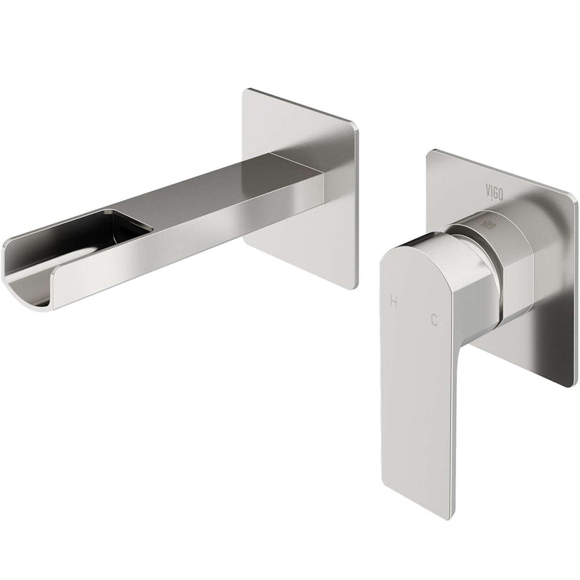 VIGO Amada Atticus wall mount bathroom faucet in brushed nickel with waterfall spout and single lever handle