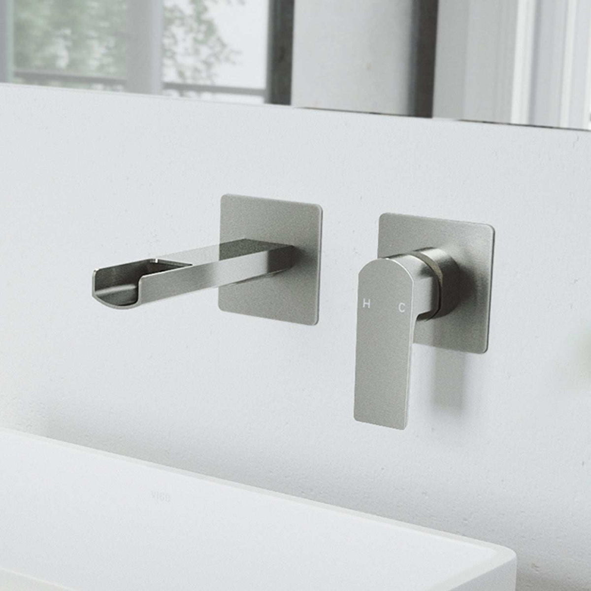 VIGO Amada Wall Mount Bathroom Faucet in brushed nickel with waterfall spout and single-lever control