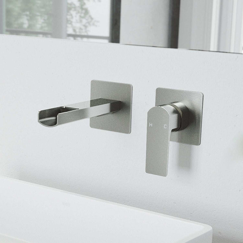 VIGO Amada Wall Mount Bathroom Faucet in brushed nickel with waterfall spout and single-lever control