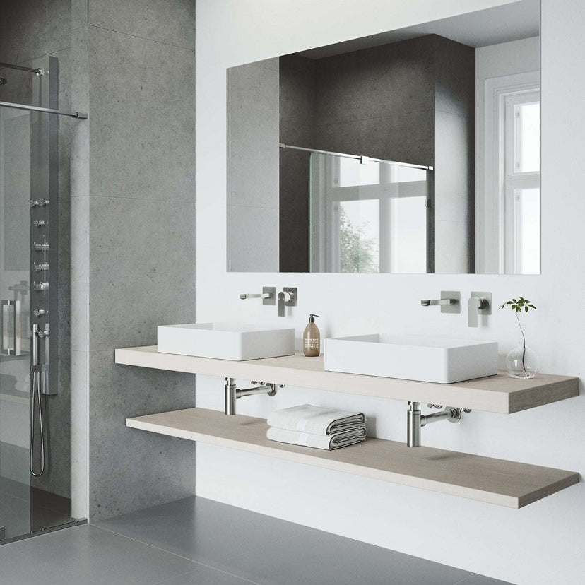 VIGO Amada Wall Mount Bathroom Faucet in Brushed Nickel with waterfall spout and single-lever control
