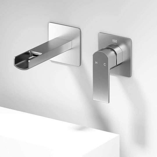Sleek Amada wall mount bathroom faucet in brushed nickel with waterfall spout and single-lever control