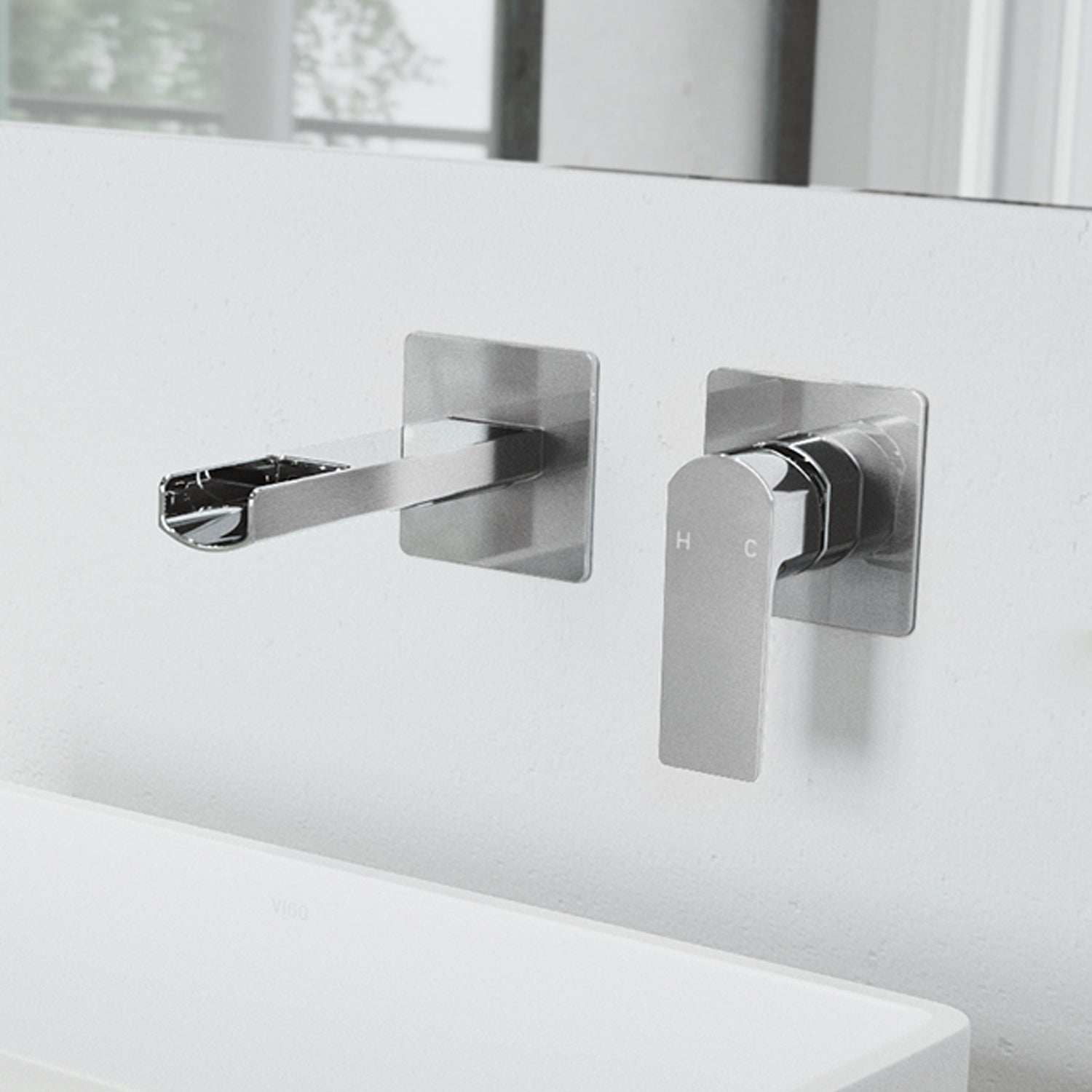 Chrome wall mount bathroom faucet with ceramic disc valve and waterfall spout