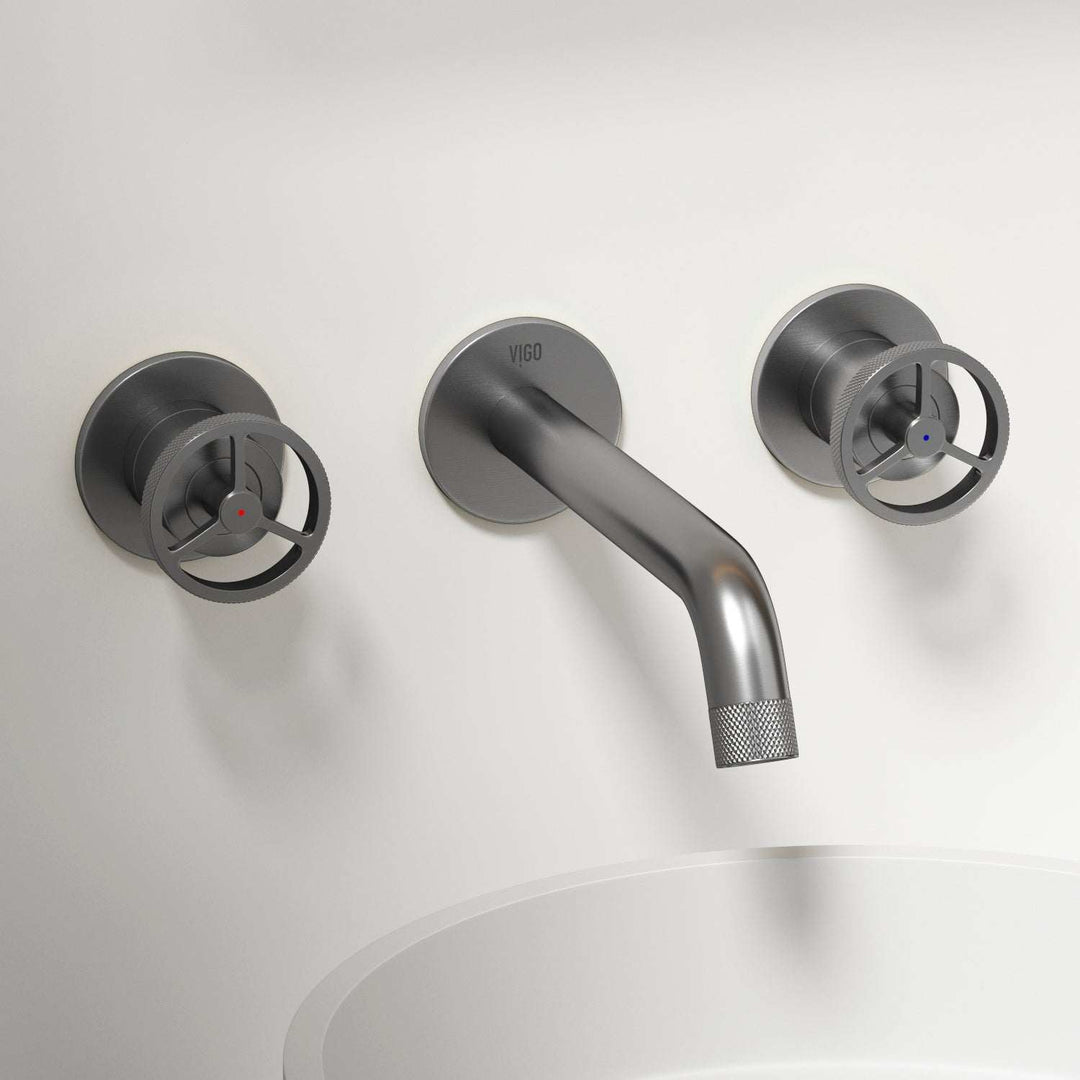 Brushed nickel wall mount bathroom faucet with low arc spout and knob handles