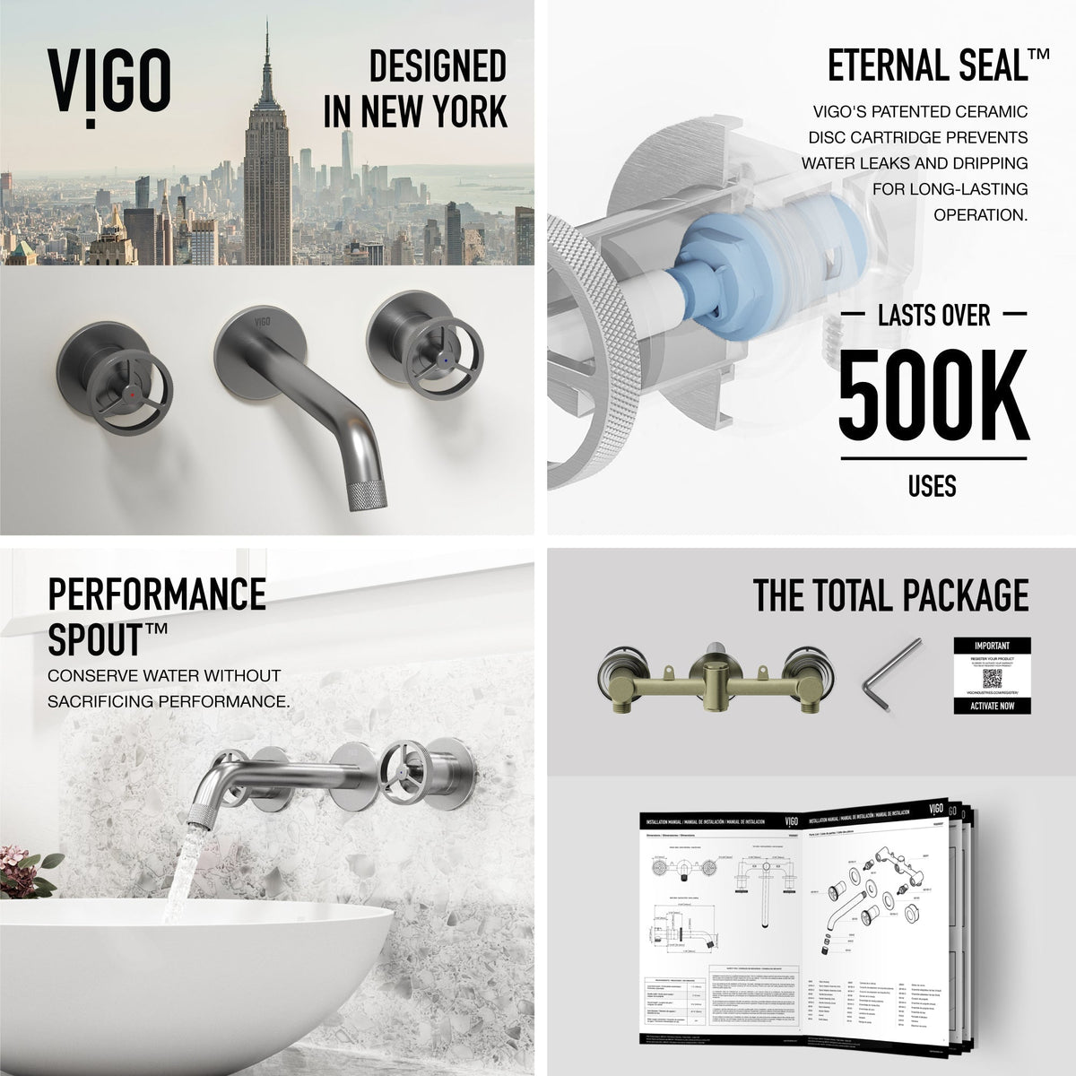 Wall mount bathroom faucet with ceramic disc valves and tarnish resistant brushed nickel