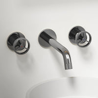 Chrome wall mount bathroom faucet with low arc spout and knob handles