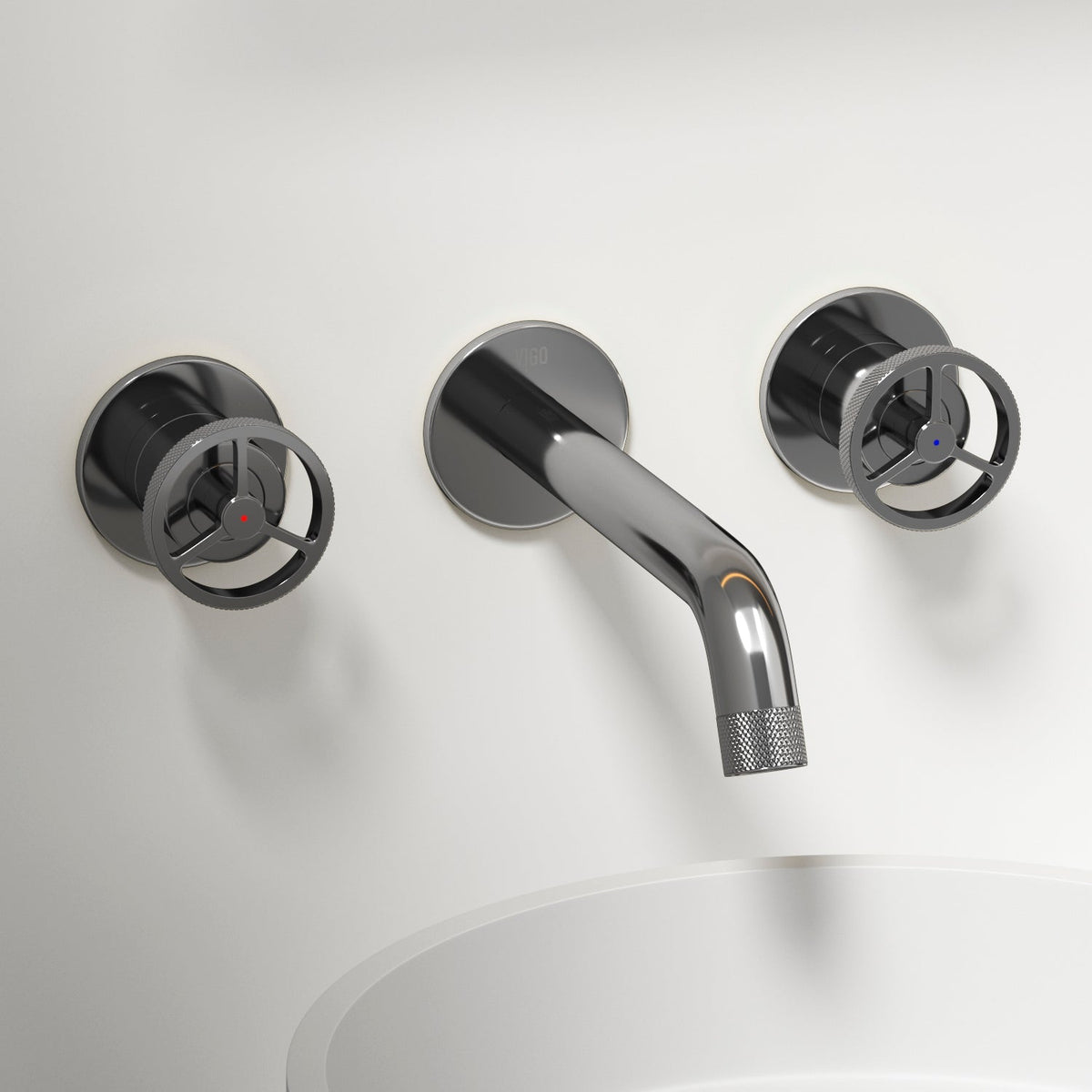 Chrome wall mount bathroom faucet with low arc spout and knob handles