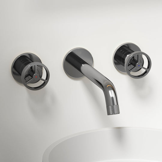 Chrome wall mount bathroom faucet with low arc spout and knob handles