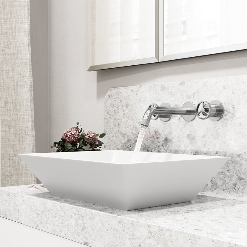 Brass cartridge wall mount faucet featuring hot/cold indicators and fingerprint resistant finish