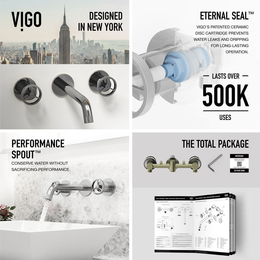 Wall mount bathroom faucet with ceramic disc valves and tarnish resistant chrome