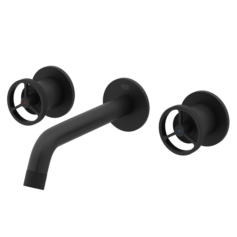 Wall mounted bathroom faucet in matte black finish with included mounting hardware