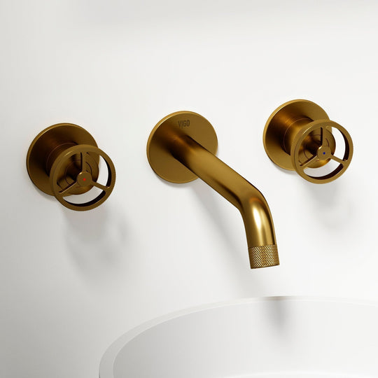Matte brushed gold wall mount bathroom faucet with low arc spout and knob handles