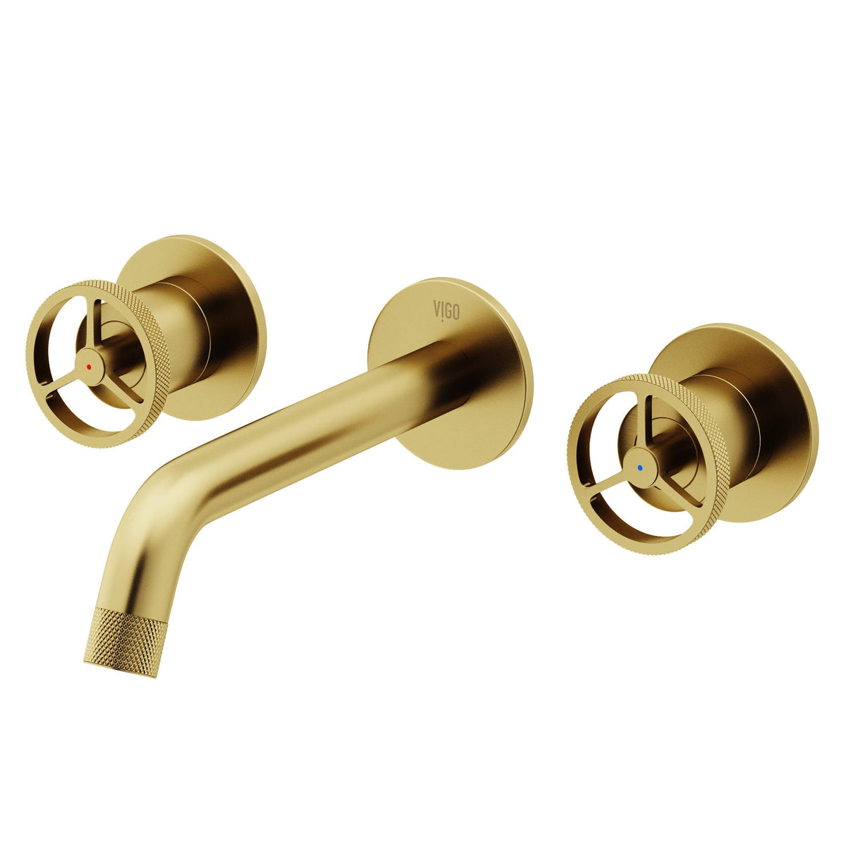 Wall mounted bathroom faucet in matte brushed gold finish with included mounting hardware