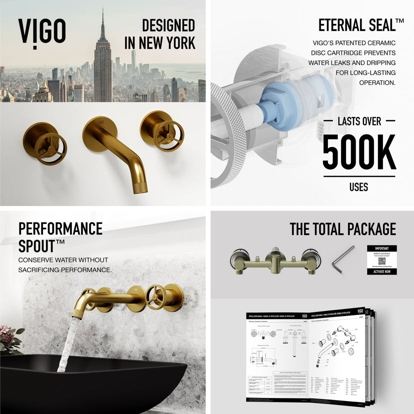 Wall mount bathroom faucet with ceramic disc valves and tarnish resistant matte brushed gold