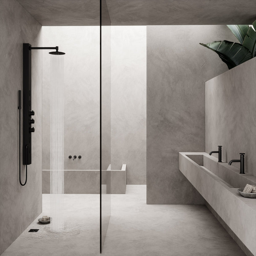 Square brass shower accessory with matte black finish, fade resistant, commercial approved
