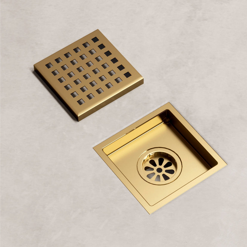 Modern contemporary bathroom accessory with matte brushed gold finish, square shape, fade resistant