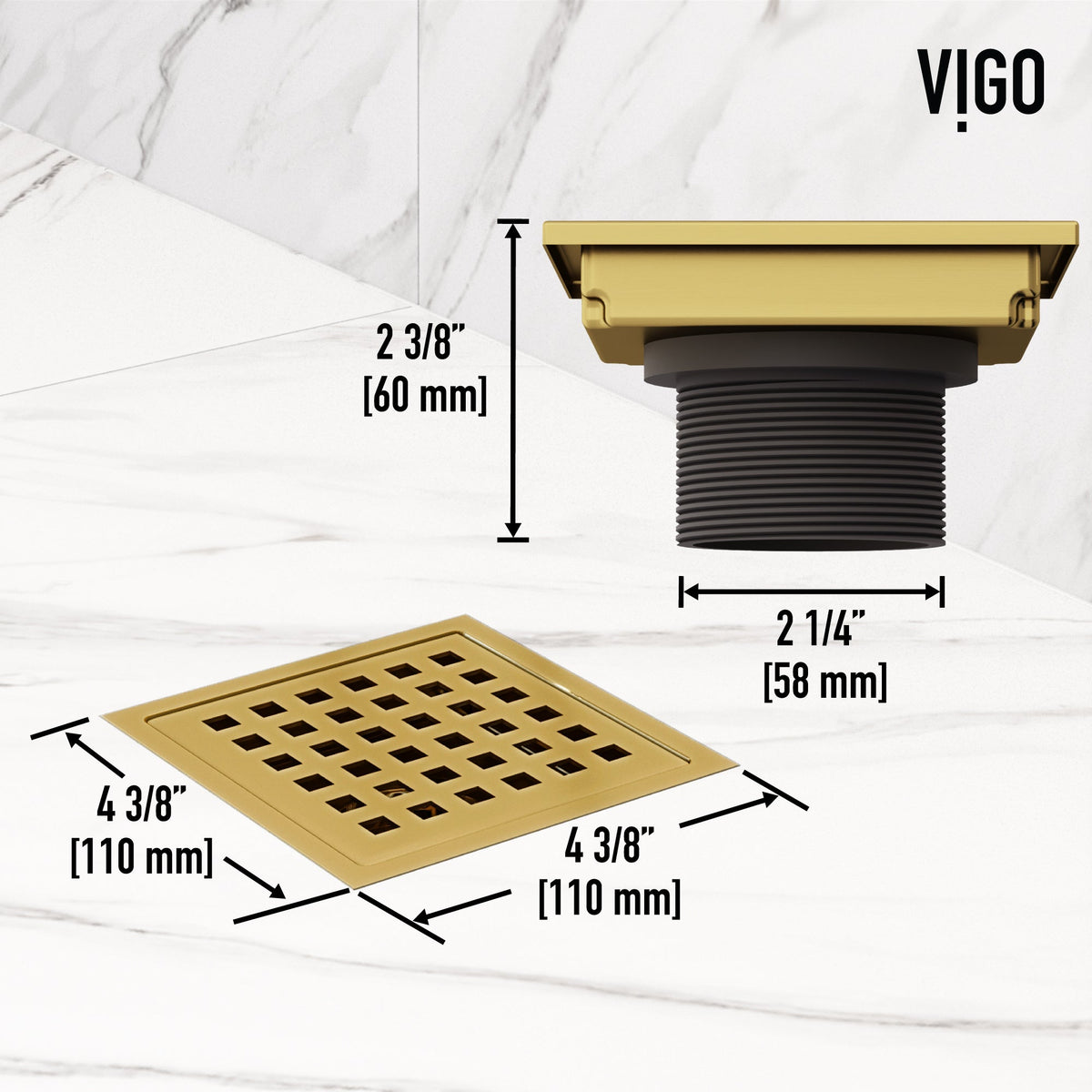 Handmade brass shower accessory, square, matte brushed gold, approved for commercial use