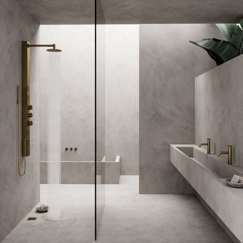 Square brass shower accessory with matte brushed gold finish, fade resistant, commercial approved