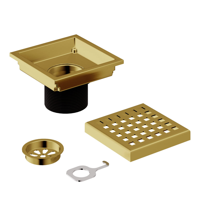 Modern square shower accessory in matte brushed gold, handmade brass, scratch resistant