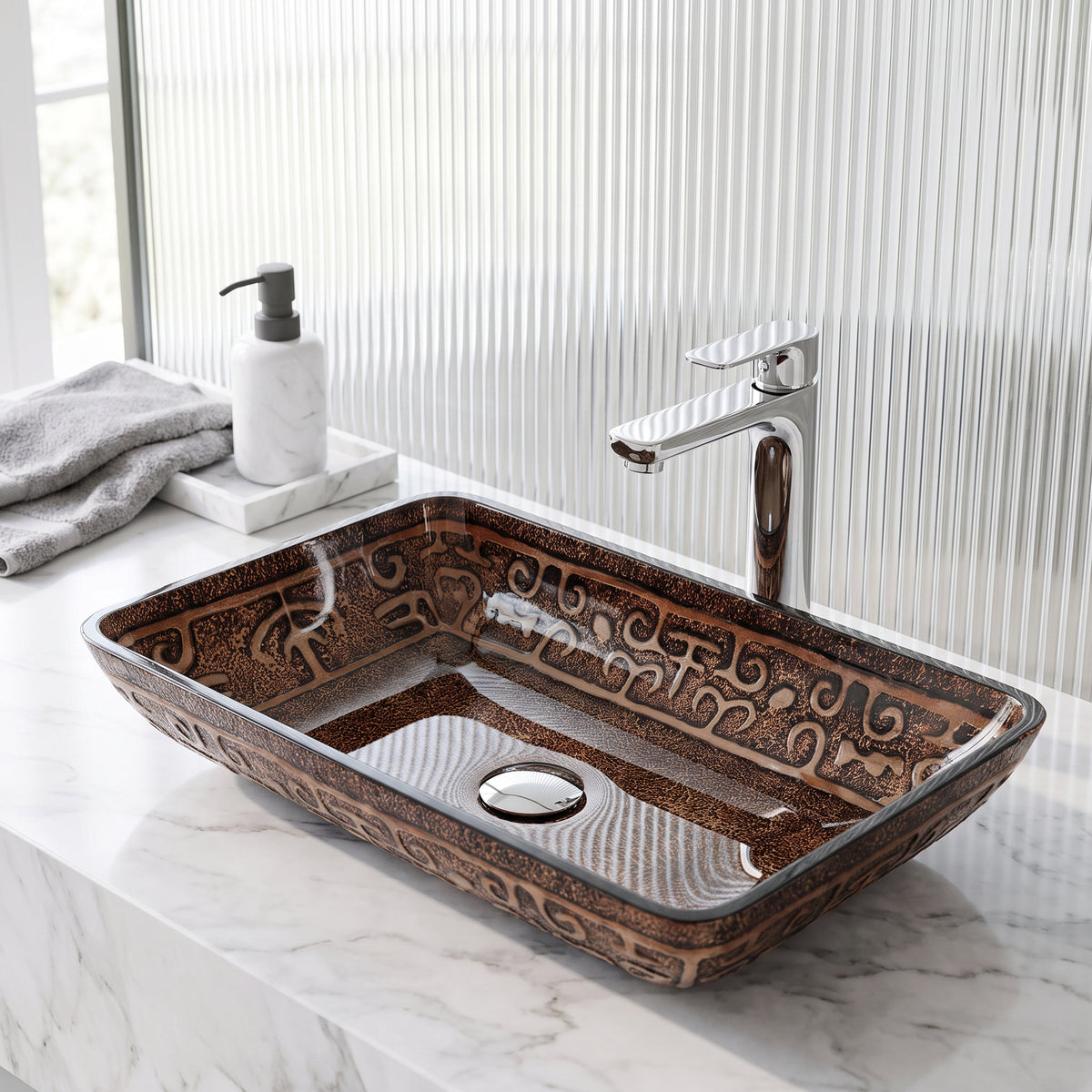 Donatello Glass 22 in. L x 15 in. W x 5 in. H Rectangular Vessel Bathroom Sink
