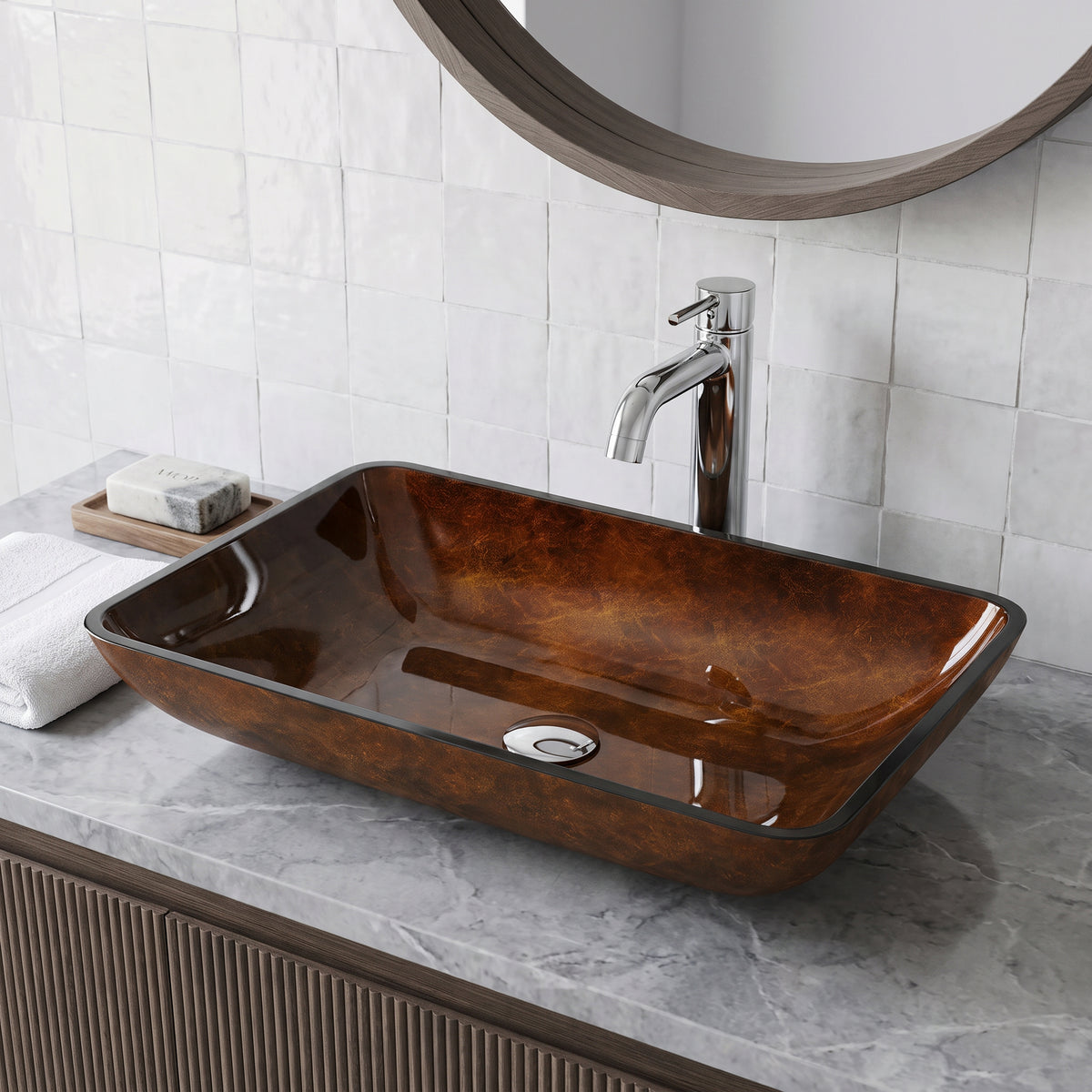 Donatello Glass 22 in. L x 15 in. W x 5 in. H Rectangular Vessel Bathroom Sink