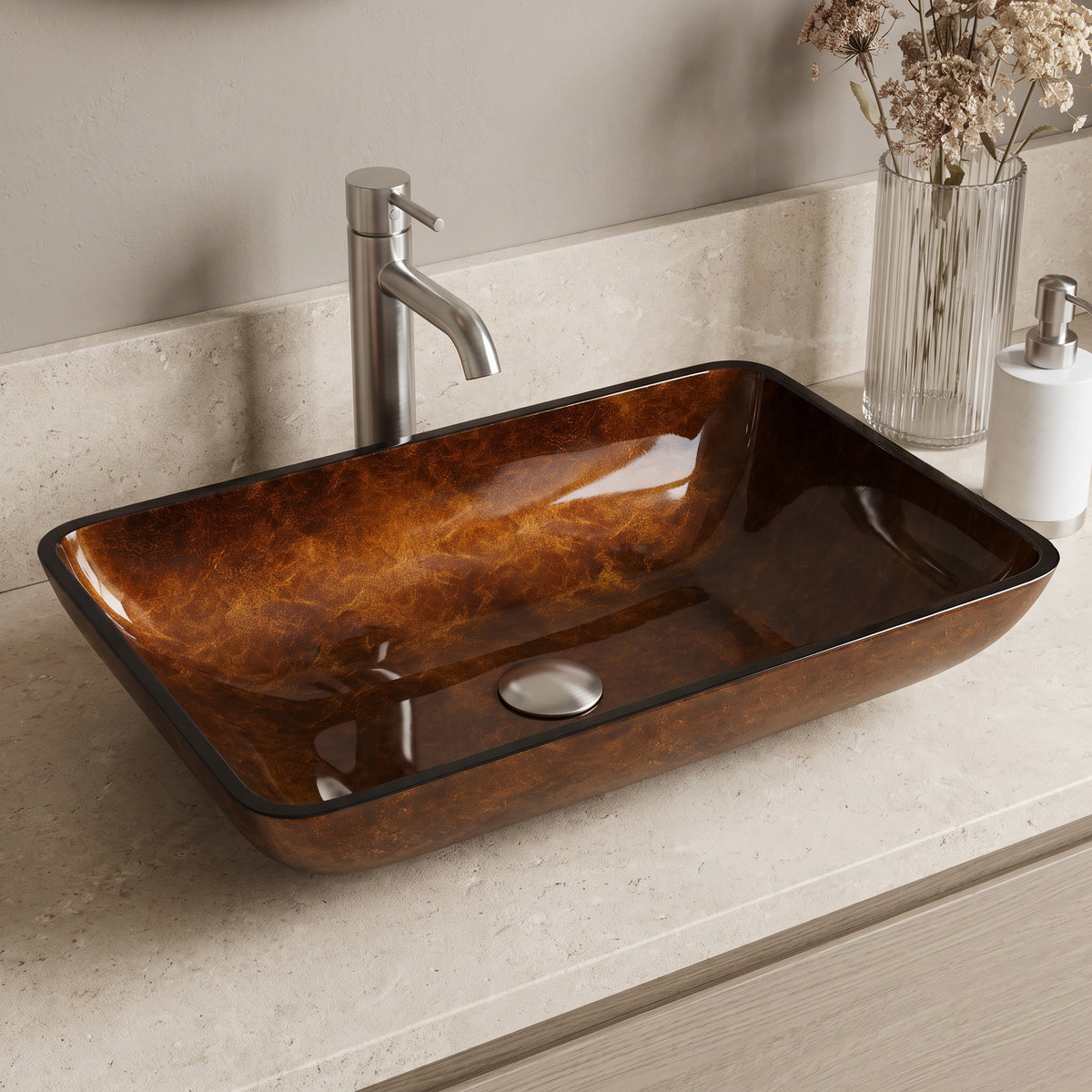 Donatello Glass 22 in. L x 15 in. W x 5 in. H Rectangular Vessel Bathroom Sink