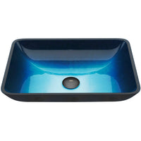 Turquoise water glass vessel sink with rectangular shape and modern design