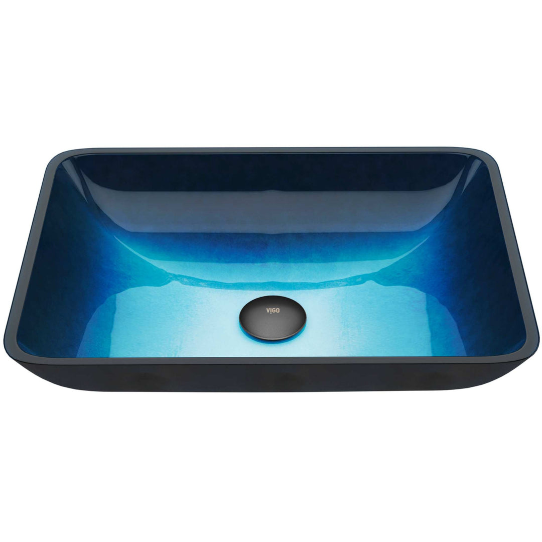 Turquoise water glass vessel sink with rectangular shape and modern design